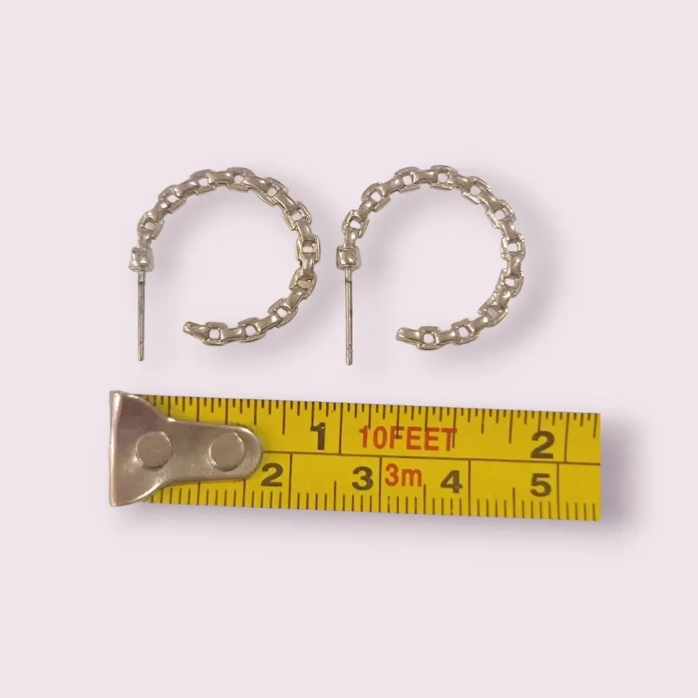 Silver Tone Chain Weave Classic Simple Chic Minimalist Hoop Stud Earrings